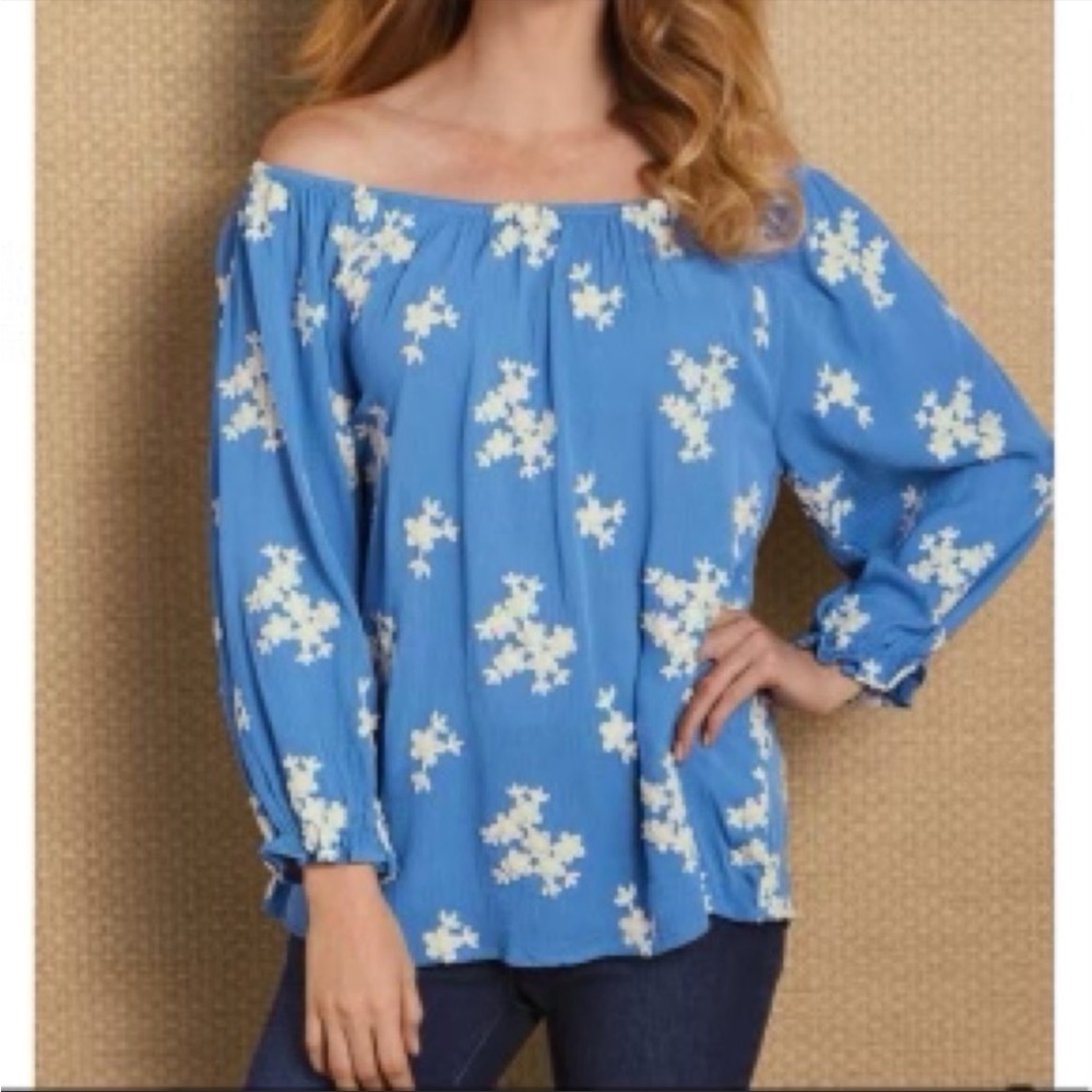 Soft Surroundings Women’s L Floral Embroidered Blouse Blue Boat Neck